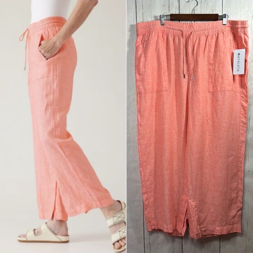 Athleta Linen Wide Leg Pants 22 Coral Pull On Slit Hem Lightweight Coastal Beach